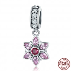 100% 925 Sterling Silver Pendant Pink Crystal Spring Flower Pink CZ Charm fit Charm Bracelet & Necklace Jewelry SCC840 CHARM-0867