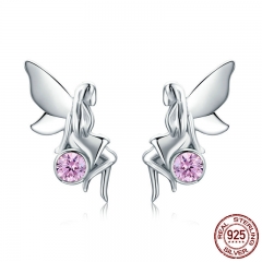New Trendy 100% 925 Sterling Silver Flower Fairy Pink CZ Stud Earrings for Women Sterling Silver Jewelry Gift SCE395 EARR-0388