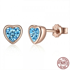 Genuine 100% 925 Sterling Silver Romantic Heart Blue CZ Stud Earrings for Women Sterling Silver Jewelry Gift PAS452-G EARR-0424