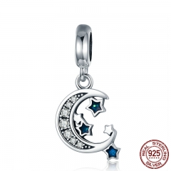 Authentic 925 Sterling Silver Sparkling Sky Moon & Star Clear CZ Dangle Charm fit Charm Bracelet Fine Jewelry Gift SCC639 CHARM-0683