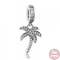 Authentic 925 Sterling Silver Sparkling Clear CZ Palm Tree Dangle Charm Fit Bracelet Necklace Jewelry Making PAS041 CHARM-0049