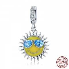 100% 925 Sterling Silver Cool Summer Sun Yellow Color Enamel Pendant Charms fit Women Bracelets jewelry Making SCC771 CHARM-0790