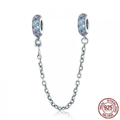 Real 100% 925 Sterling Silver Pink and Blue CZ Round Safety Chain Charm Fit Charm Bracelet DIY Jewelry Making SCC379 CHARM-0510