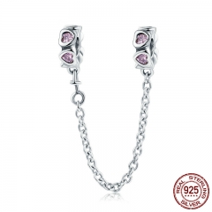 100% 925 Sterling Silver Sweet Inspiration, Pink Heart Safety Chain Stopper Charm fit Charm Bracelet DIY Jewelry SCC562 CHARM-0637