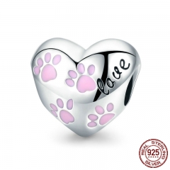Trendy New 925 Sterling Silver Love Animal Dog Footprints in Heart Shape Beads Fit Women Bracelets DIY Jewelry SCC768 CHARM-0837