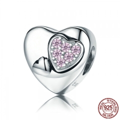 925 Sterling Silver Heart to Heart Pink CZ Crystal Beads fit Women Charm Bracelets DIY Jewelry Girlfriend Gift BSC019 CHARM-0921