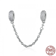 100% 925 Sterling Silver Pave Inspiration Safety Chain, Clear CZ Stopper Charms fit Charm Bracelet DIY Jewelry PSC011 CHARM-0186