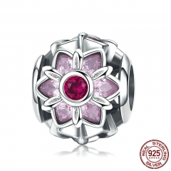925 Sterling Silver Crystal Flower Pink CZ Flower Beads fit Women Charm Bracelets DIY Jewelry Girlfriend Gift SCC839 CHARM-0881