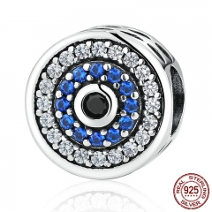 Real 100% 925 Sterling Silver Blue Crystals Eyes Round Bead Charms Fit Women Charm Bracelets & Bangles Jewelry SCC092 CHARM-0175