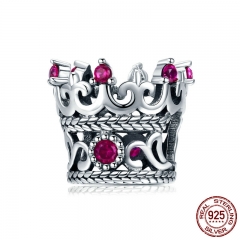 Trendy 925 Sterling Silver Queen's Crown Pink CZ Crystal Charm Beads Fit Women Bracelets Bangle DIY Jewelry Making SCC776 CHARM-0831