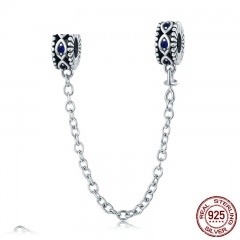 100% 925 Sterling Silver Guardian Blue Eyes Blue CZ Safety Chain Stopper Charm fit Bracelet Bangles DIY Jewelry SCC617 CHARM-0714