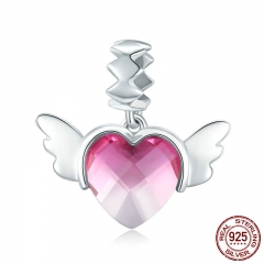 100% 925 Sterling Silver Love Heart Wings Pink Red Crystal CZ Pendant Charms Fit Bracelets & Necklaces DIY Jewelry SCC846 CHARM-0922