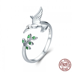 Authentic 925 Sterling Silver Bird & Spring Tree Leaves Open Size Finger Rings for Women Sterling Silver Jewelry SCR323 RING-0373