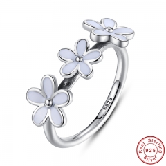 100% 925 Sterling Silver Darling Three Daisy Flowers Ring for Women Wedding White Enamel Original Fine Jewelry PA7148 RING-0019