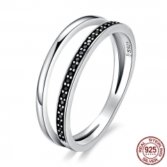 Genuine 925 Sterling Silver Double Circle Black Clear CZ Stackable Finger Ring for Women Fine Silver Jewelry Gift SCR082 RING-0135