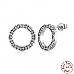 Forever Clear CZ 925 Sterling Silver Circle Round Stud Earrings with CZ Jewelry GIFT Oorbellen Bijoux PAS437 EARR-0053