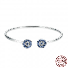 2018 New 100% 925 Sterling Silver Lucky Blue Eyes Blue CZ Women Open Cuff Bangle & Bracelet Luxury Silver Jewelry SCB058 BRACE-0076