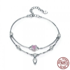 Romantic New 925 Sterling Silver Sweet Heart Pink CZ Double Layers Bracelets for Women Sterling Silver Jewelry SCB090 BRACE-0116