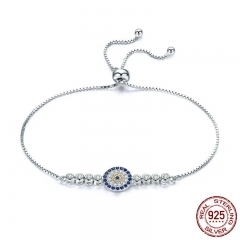 925 Sterling Silver Lucky Round Blue Eyes Power Tennis Bracelet Pave CZ Adjustable Link Chain Bracelets Jewelry SCB006 BRACE-0029