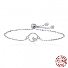 Genuine 925 Sterling Silver Sweetheart Heart In Circle Chain Bracelets For Women Luxury Authentic Silver Jewelry SCB020 BRACE-0040