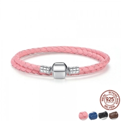 Genuine Long Double Pink Black Braided Leather Chain Women Bracelets with 925 Sterling Silver Snake Clasp PAS908 BRACE-0013