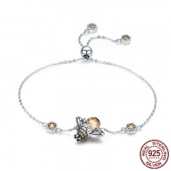 Genuine 100% 925 Sterling Silver Dancing Honey Bee Chain Link Women Bracelet Crystal Big Stone Bracelet Jewelry SCB043 BRACE-0078