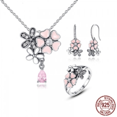 100% 925 Sterling Silver Pink Flower Poetic Daisy Cherry Blossom Bridal Jewelry Sets Wedding Engagement Jewelry ZHS028 SET-0015
