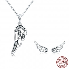 Authentic 100% 925 Sterling Silver Fairy Wings Feather Women Necklace Earrings Jewelry Set Authentic Silver Jewelry Gift SET-0040