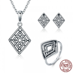 Genuine 100% 925 Sterling Silver Geometric Lines Clear CZ Earrings Necklace Jewelry Set Sterling Silver Jewelry ZHS050 SET-0037