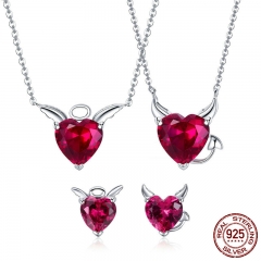 Authentic 925 Sterling Silver Red CZ Evil And Angel Pendant Necklace Earrings Jewelry Set Sterling Silver Jewelry ZH067 SET-0052