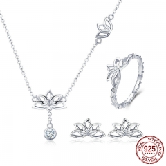 Elegant 925 Sterling Silver Lotus Flower Earrings & Necklaces Pendant Jewelry Sets for Women Silver Jewelry Gift ZHS067 TAO-0056