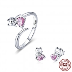 uthentic 925 Sterling Silver Cute Cat Pussy Pink CZ Rings & Earrings Jewelry Sets Fashion Sterling Silver Jewelry Set SCE453 TAO-0055