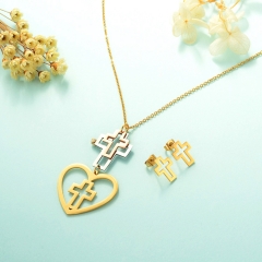 Conjunto de joyas de acero inoxidable 18k Gold tricolor forma de corazon y cruz XXXS-0238