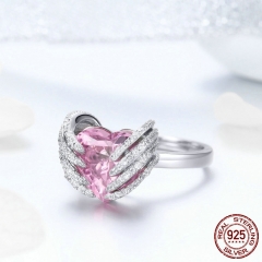 Real 925 Sterling Silver Sweet Promise Ring, Pink CZ Female Wrap Finger Ring for Women Engagement Jewelry
